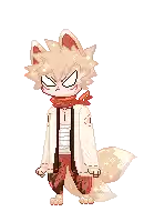 a pixel art of a fox with a scarf around his neck and a bandage on his arm .
