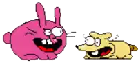 a pixel art drawing of a pink rabbit and a yellow dog .