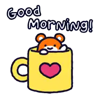a teddy bear in a yellow cup with the words good morning