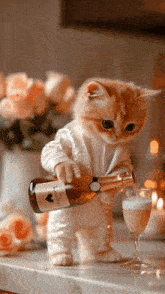 a cat is pouring champagne into a glass on a counter