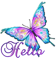 a purple and blue butterfly with the word hello written below it