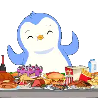 a penguin is sitting at a table surrounded by food and drinks including a carton of coca cola