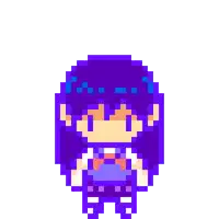 a pixel art drawing of a girl with purple hair holding a stick .