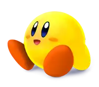 a yellow cartoon character with orange feet is sitting on a white surface