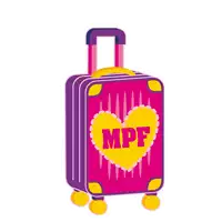 a pink suitcase with a yellow heart that says mpf