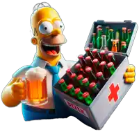 homer simpson is holding a glass of beer and a box of beer