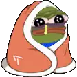 a cartoon frog is wrapped in a blanket and has a mustache .