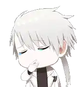 a cartoon character with white hair and blue eyes is holding his hand to his chin .