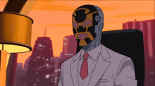 a cartoon of a man in a suit and tie with a robot mask on his face