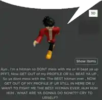a picture of a person with a speech bubble saying show items