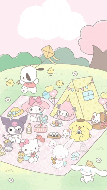 a group of cartoon characters are having a picnic in the park