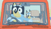 a cartoon dog is driving a red car