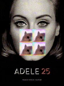 a poster for adele 25 shows a woman with four pictures of cats on her face