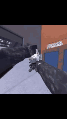 a person is holding a gun in front of a building that has a sign that says ' ambush '