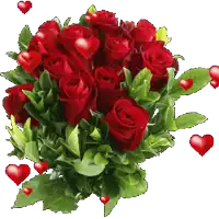 a bouquet of red roses with green leaves and red hearts around it