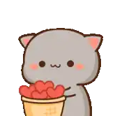 a cartoon cat is holding a bucket of hearts and hearts are flying around it .