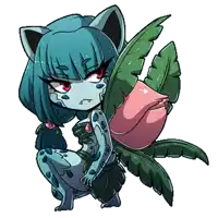 a cartoon drawing of a girl with blue hair holding a pink flower