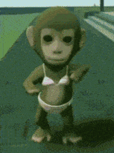a monkey wearing a pink bikini is dancing on a sidewalk