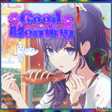 a girl with purple hair is eating a piece of food with the words good morning written above her