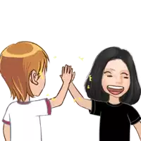 a man and a woman are giving each other a high five