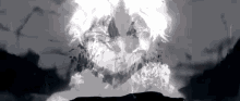 a black and white painting of a skull with flames coming out of it 's mouth