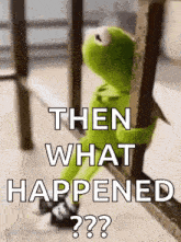 kermit the frog is sitting next to a railing and looking out a window .