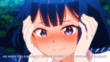 a girl with blue hair and purple eyes has her hands on her head and says me when you ask me