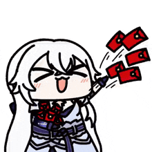 a cartoon of a girl with white hair holding a gun and throwing red envelopes .