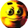 a yellow smiley face with green eyes is smiling and looking at the camera .
