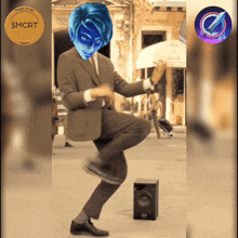 a man in a suit is dancing in front of a speaker with a coin that says smcrt on it