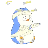 a blue and white penguin with a bandage on its head and arms