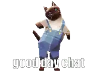 a pixel art of a cat wearing blue overalls with the words good day chat below it