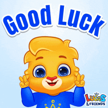 a lucas and friends sticker with a cartoon character and the words good luck