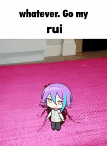 a girl with purple hair is standing on a pink rug with the words whatever go my rui