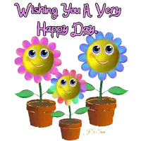three potted flowers with smiley faces and the words wishing you a very happy day below them