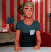 a man with blue eyes is sitting at a table