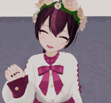 a girl with purple hair and a flower crown on her head is smiling