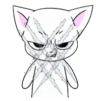 a cartoon of a white cat with sharp claws across its face .