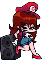 a cartoon girl wearing a red hat with a g on it is standing next to a speaker