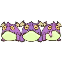 three purple dragons are sitting next to each other with their tongues out .