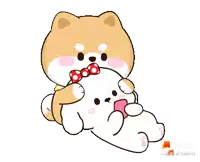 a cartoon of a dog holding a stuffed animal with a bow tie