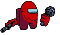 a cartoon of a red among us character holding a microphone and a gun .