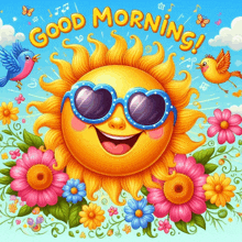 a sun wearing heart shaped sunglasses is surrounded by flowers and birds and says good morning