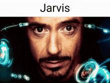 a close up of a man 's face with jarvis written above it