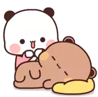 a panda bear is laying on top of a brown bear and giving a thumbs up .