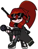 a cartoon girl with red hair is holding a microphone and a gun