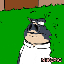 a cartoon of a pig peeking out from behind a hedge with nikepig written on the bottom