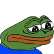 a green frog with a brown beak is wearing a blue shirt and has a sad look on his face .