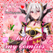 a picture of a girl with the words hello my comfies