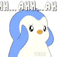 a blue and white penguin is covering its face with its hand and the words ahh ahh behind it